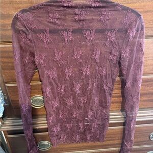 Free People Lady Lux Layering Top Sheer Lace Long Sleeve Top - maroon color